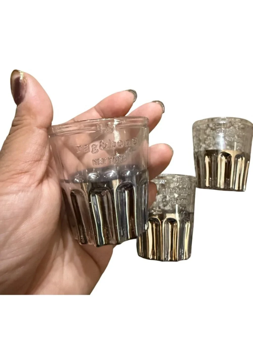 Rag & Bone Glass Metal Ridges Shot Glasses Set of 3 Modern